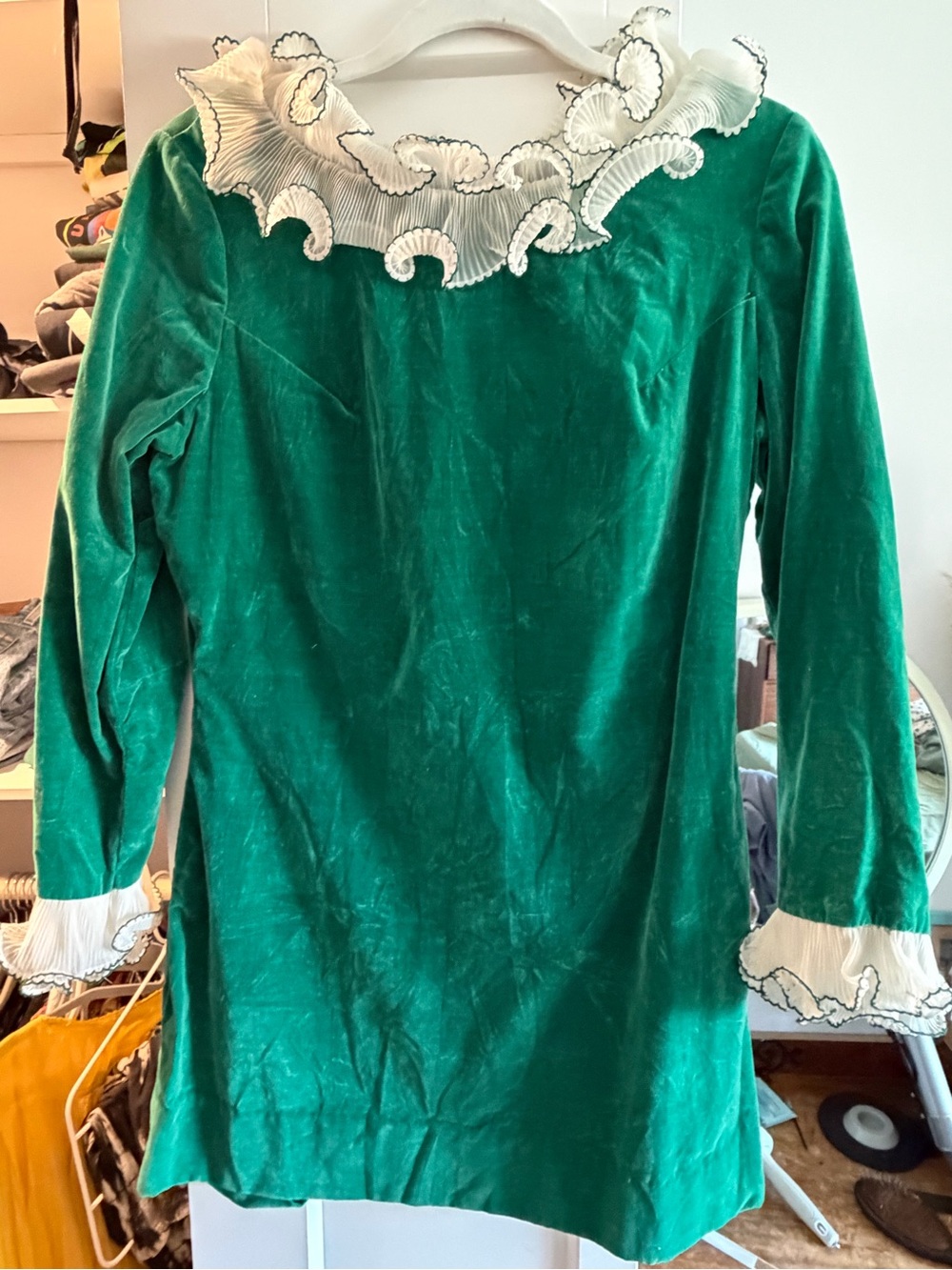 Green Velvet Mini Dress with White Ruffle Collar and Sleeves